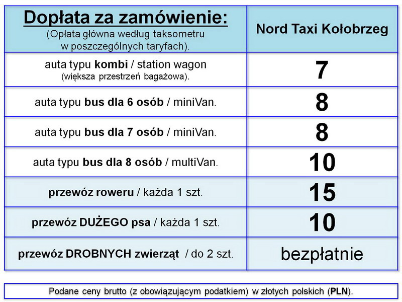 Cennik Nord Taxi Kołobrzeg, 24/7 TAXI, tel.: 94-196-28 lub 605-999-628.